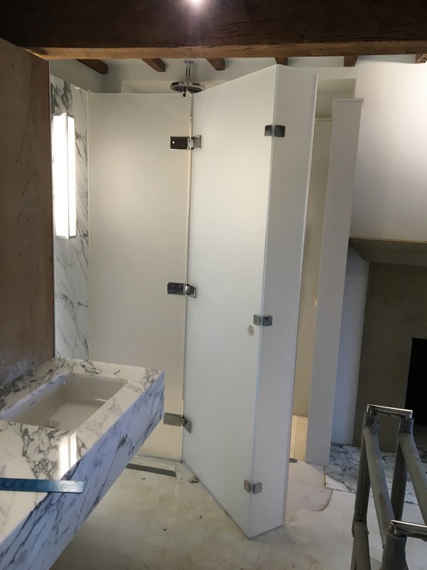 Bespoke frosted glass shower enclosure in Finchley Central luxury bathroom